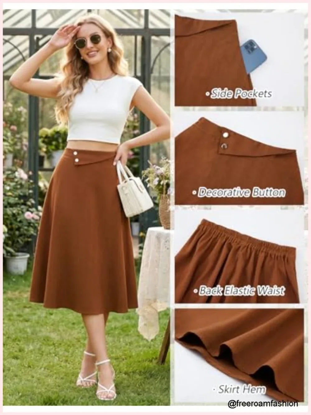 High Waisted Midi Skirt with Pockets A Line Elastic Waist Flare Skirt for Work